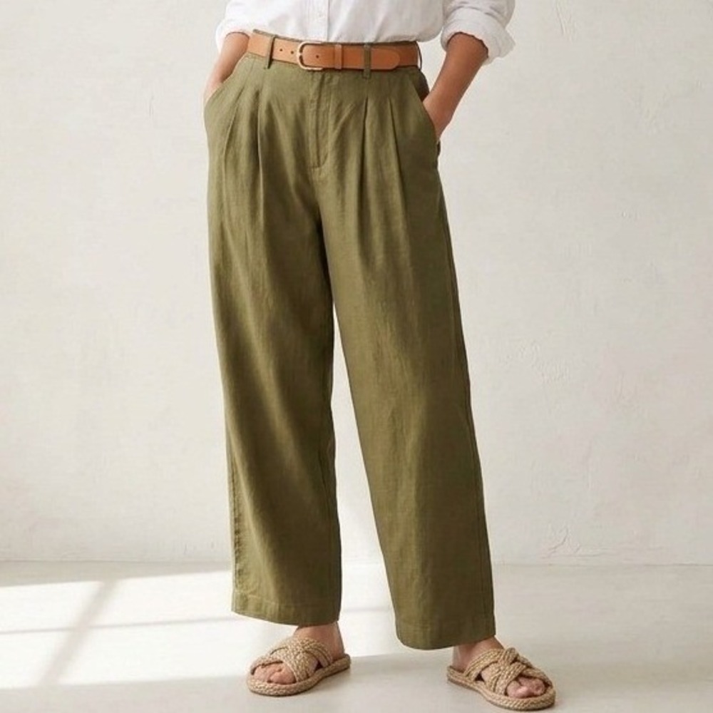 Abercrombie & Fitch Pants Womens Large Olive Green Linen Blend Pleated Wide Leg